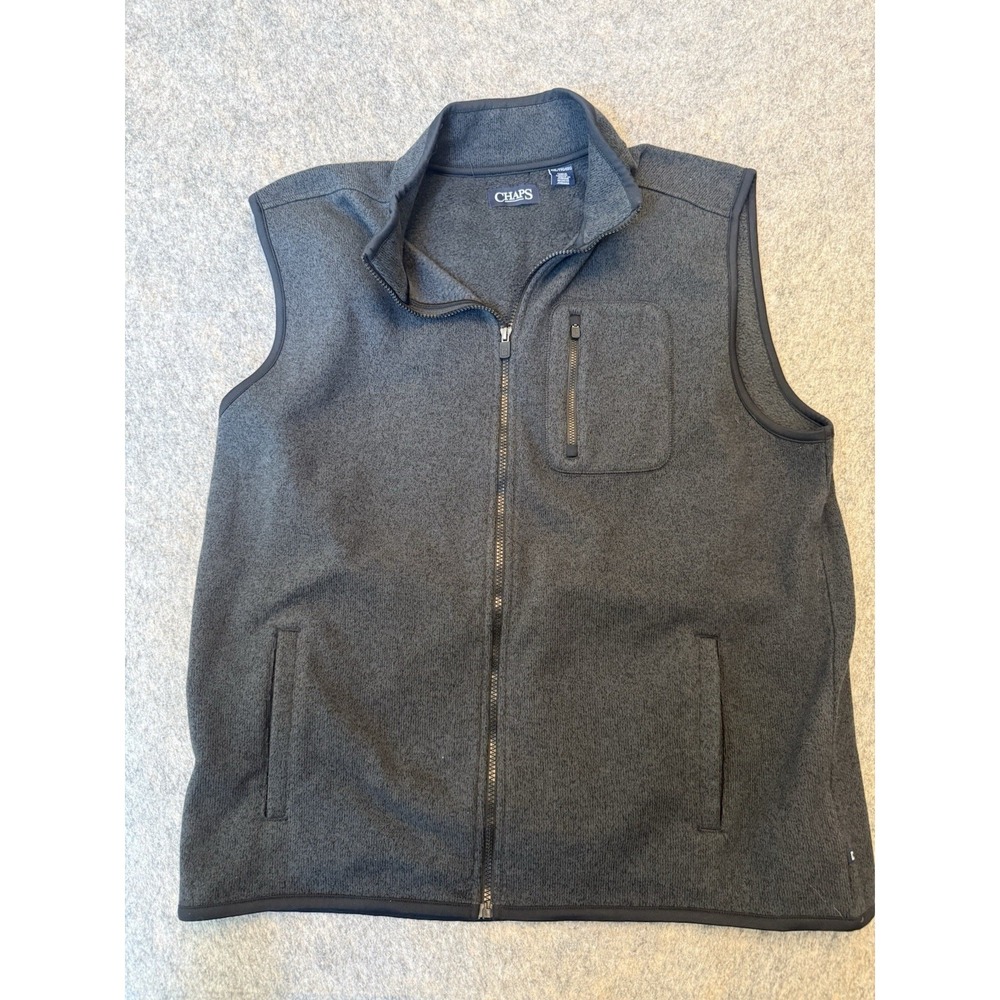 Chaps Mens XXL 2XL Full Zip Fleece Vest Black Charcoal Sweater Chest Pocket